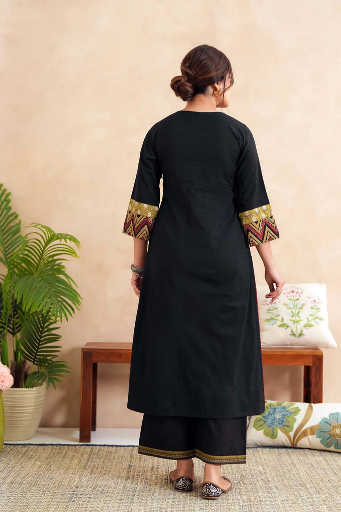 A-Line Long Length Kurta In Black Handloom Cotton