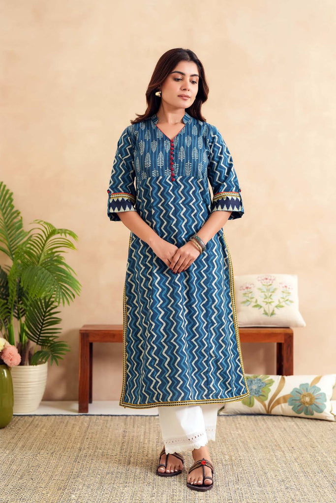 Straight Fit Indigo Blue Kurta In Cotton Fabric