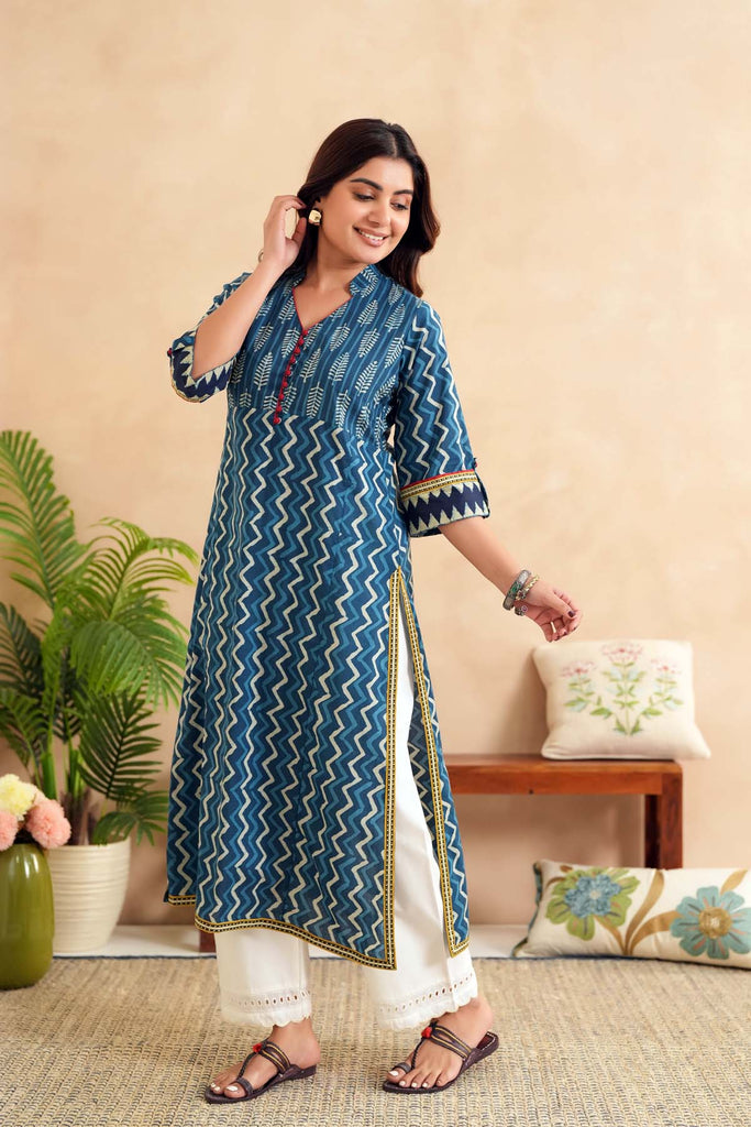 Straight Fit Indigo Blue Kurta In Cotton Fabric