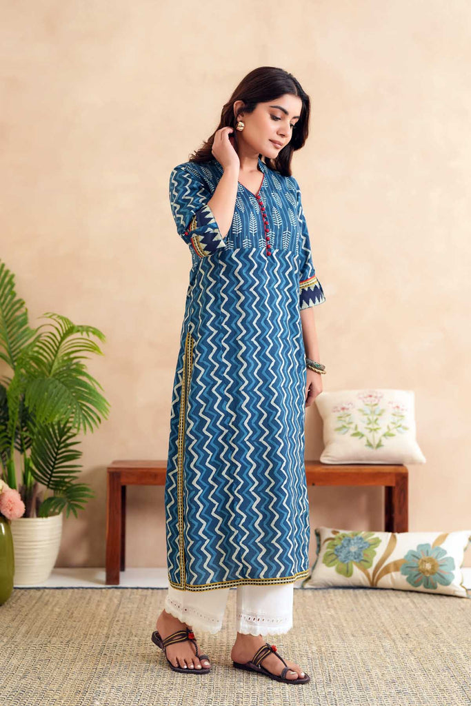 Straight Fit Indigo Blue Kurta In Cotton Fabric