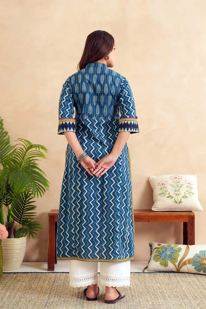 Straight Fit Indigo Blue Kurta In Cotton Fabric