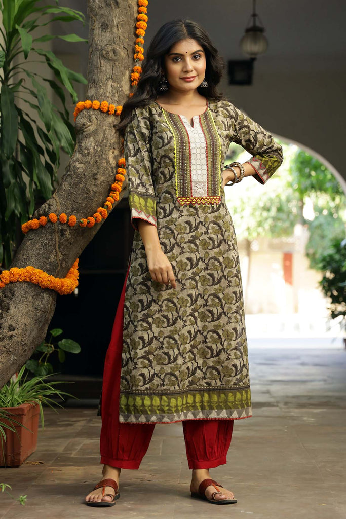 Straight fit Cotton Kurta in Mehndi Green Color