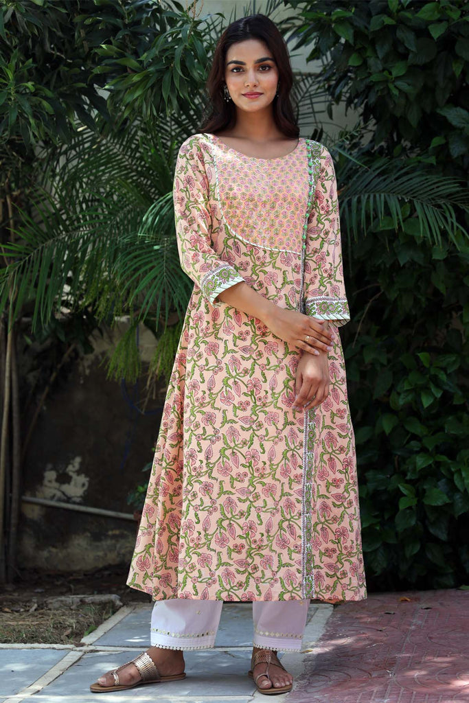 A-Line Kurta In Angrakha Look In Peach Color Hand Block Print