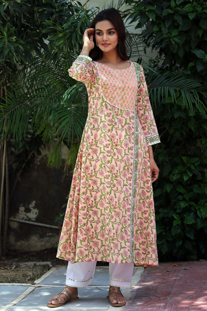 A-Line Kurta In Angrakha Look In Peach Color Hand Block Print