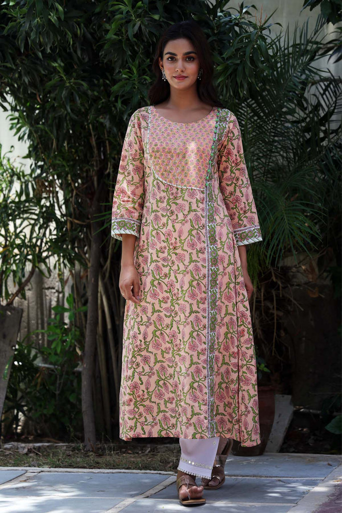 A-Line Kurta In Angrakha Look In Peach Color Hand Block Print