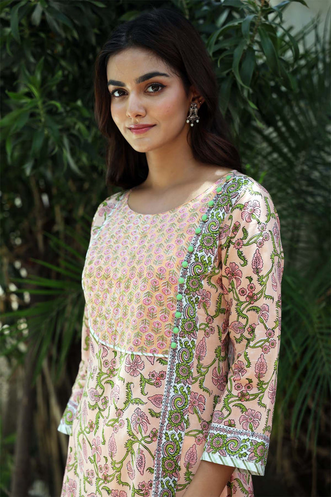 A-Line Kurta In Angrakha Look In Peach Color Hand Block Print