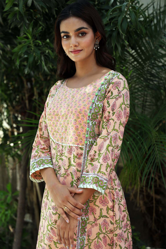 A-Line Kurta In Angrakha Look In Peach Color Hand Block Print