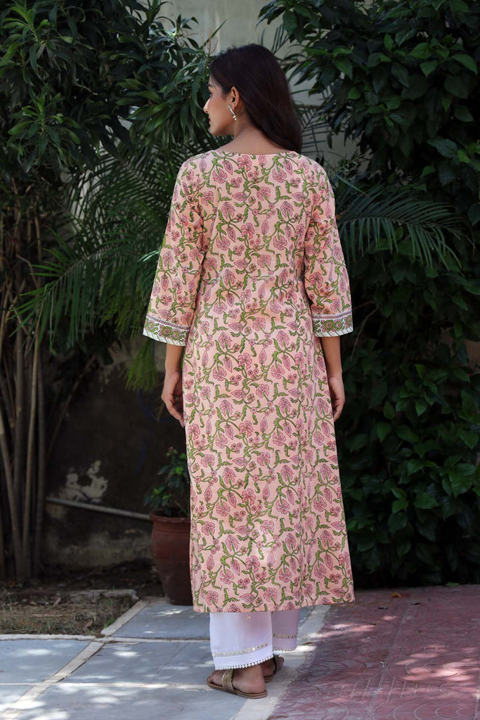 A-Line Kurta In Angrakha Look In Peach Color Hand Block Print