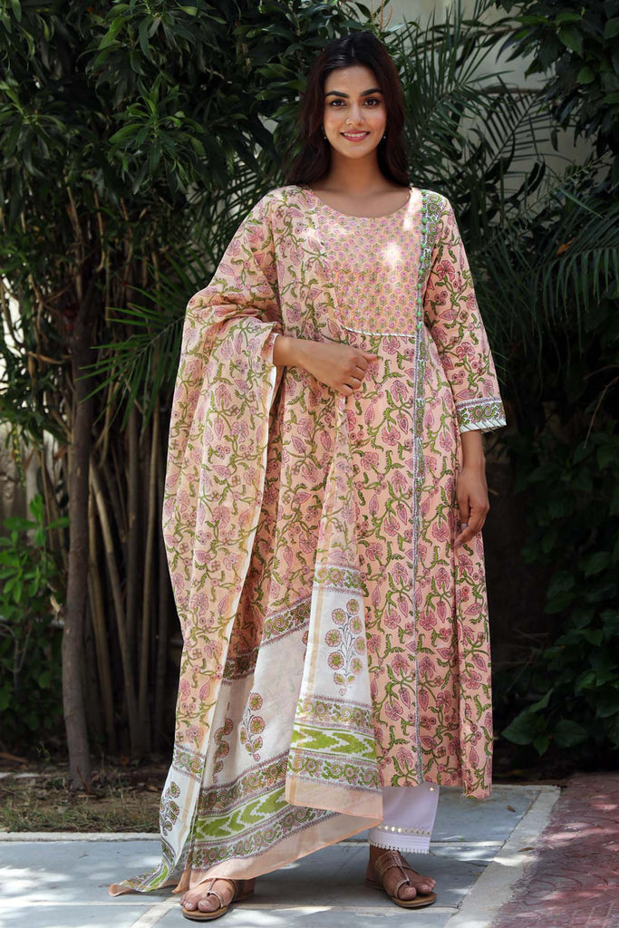 A-Line Kurta In Angrakha Look In Peach Color Hand Block Print